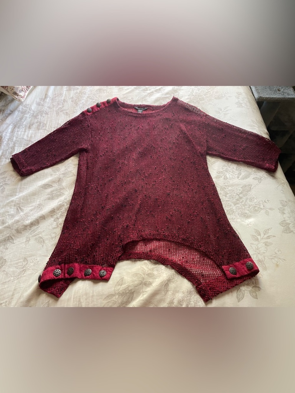 Kaktus Maroon Black Open Knit Asymmetric Tunic Top 1X Lagenlook Cotton‎ Artsy
